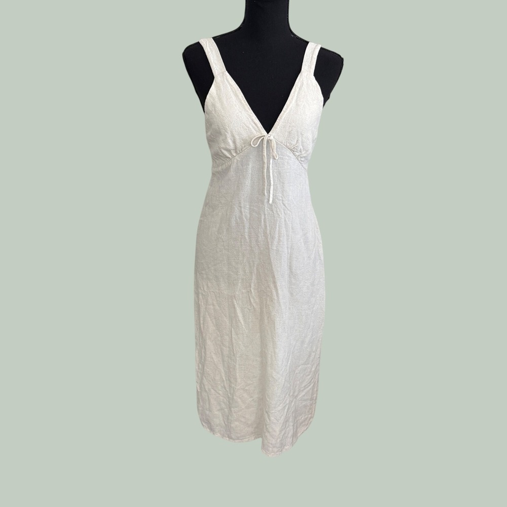 Monteau Cream Linen Blend Babydoll Smocked Midi Dress Large Coastal Boho Preppy